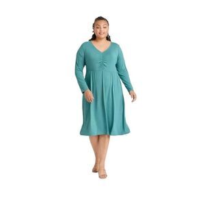 Ava Viv 3X Dress Plus Size Midi V Neck Long Sleeve‎ Ruched Bodice Stretch